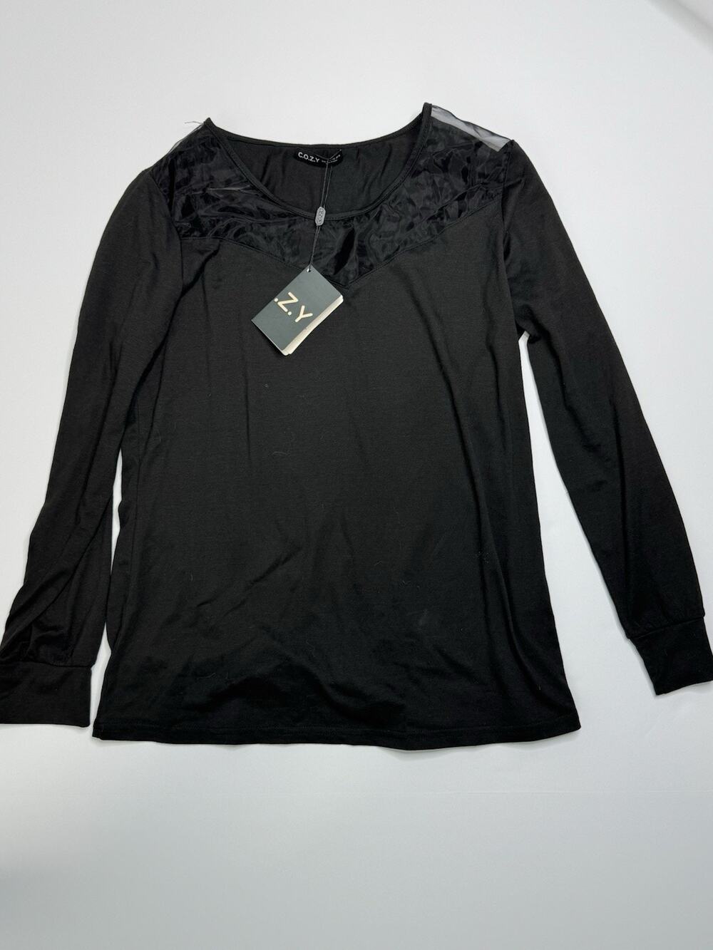 C.O.Z.Y Women’s XL Black Sheer Floral Mesh Yoke Long Sleeve Top NWT